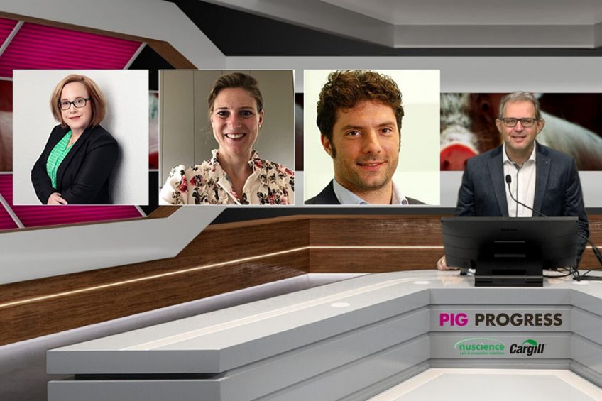 The line-up of the webinar, with from left to right: Dr Casey Bradley, Delphine Van Zele, Graziano Mantovani and Vincent ter Beek (host). - Photo: Company Webcast